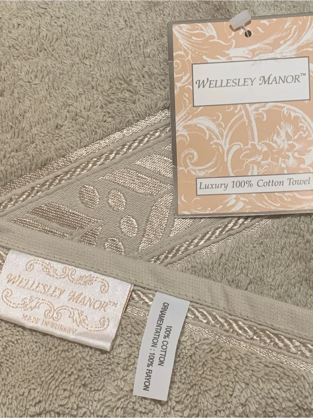 Wellesley Manor Luxury 100% Cotton Embellished Towels Taupe Tan 6-Piece Set NWT